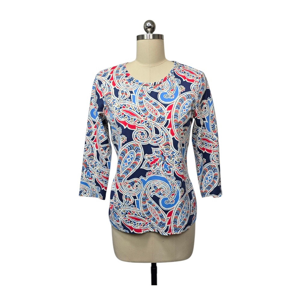 J McLaughlin Paisley Print 3/4 Sleeve V Neck Top Women Size Med‎ Blue Red White